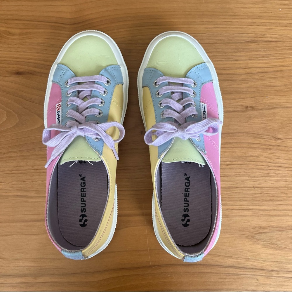 Superga Leather sneaker Pastel Color block Green Pink Yellow Womens Size 8